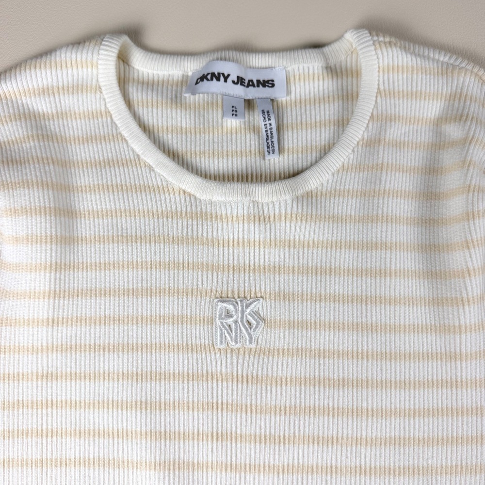 DKNY Jeans Womens LP White Tan Striped Ribbed Knit Short Sleeve Top NWT - Picture 3 of 11